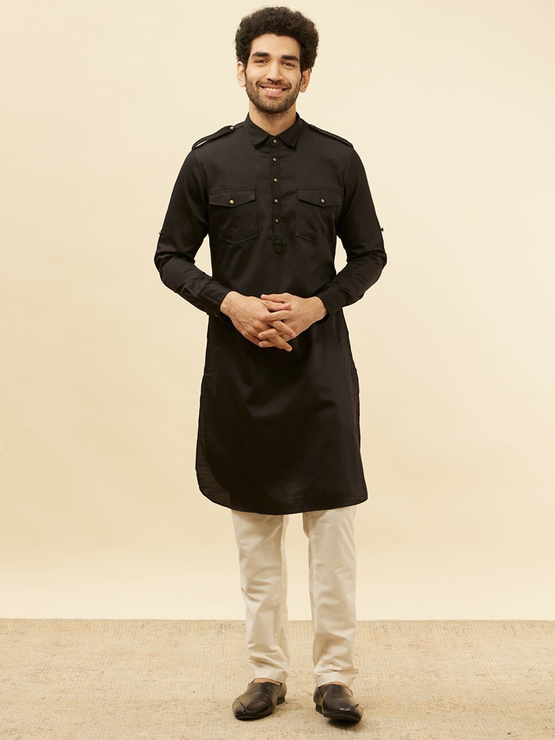 

Manyavar Shirt Collar Pathani Kurta, Black