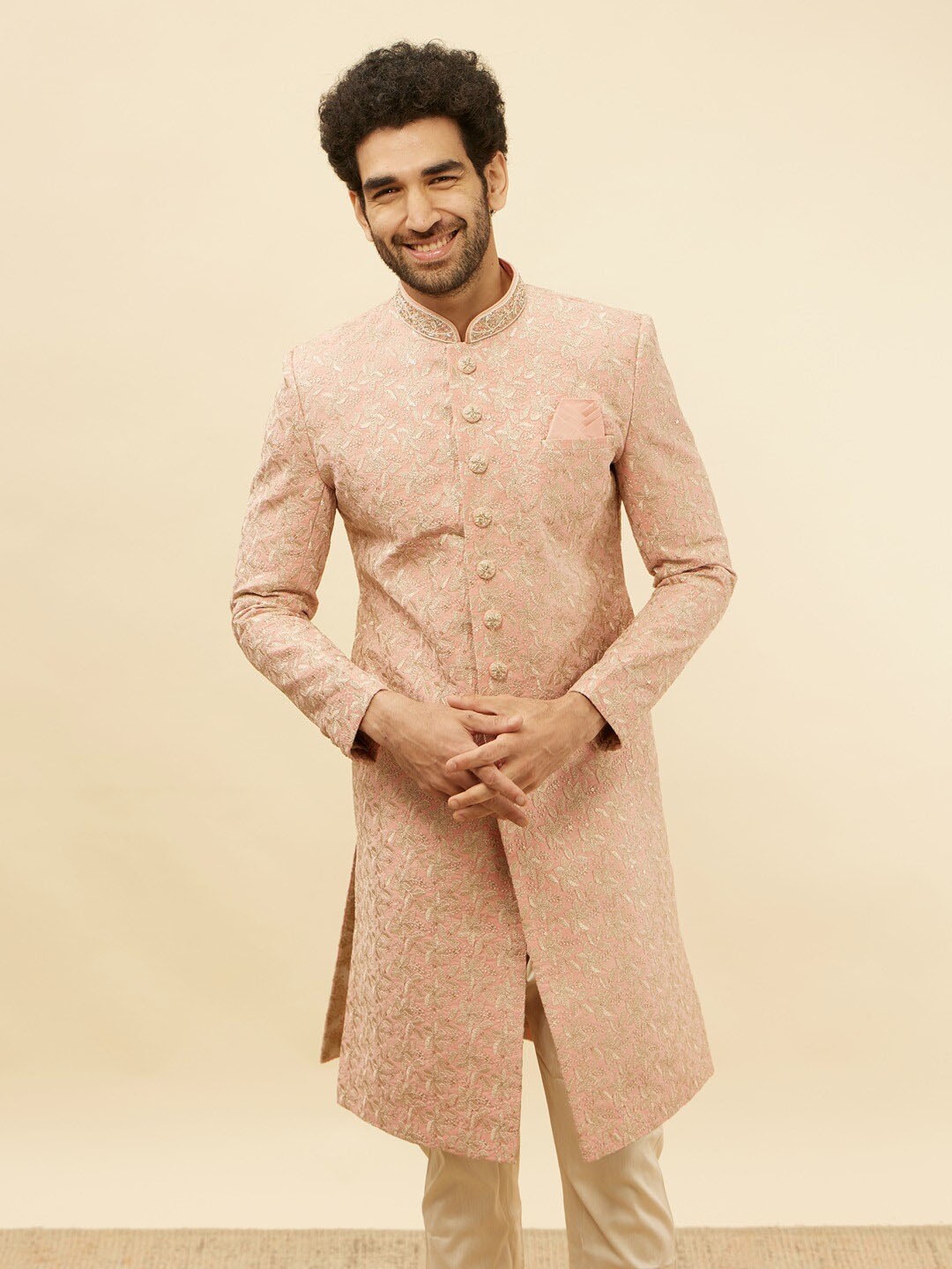 

Manyavar Floral Embroidered Mandarin Collar Beads & Stones Sherwani Set, Pink