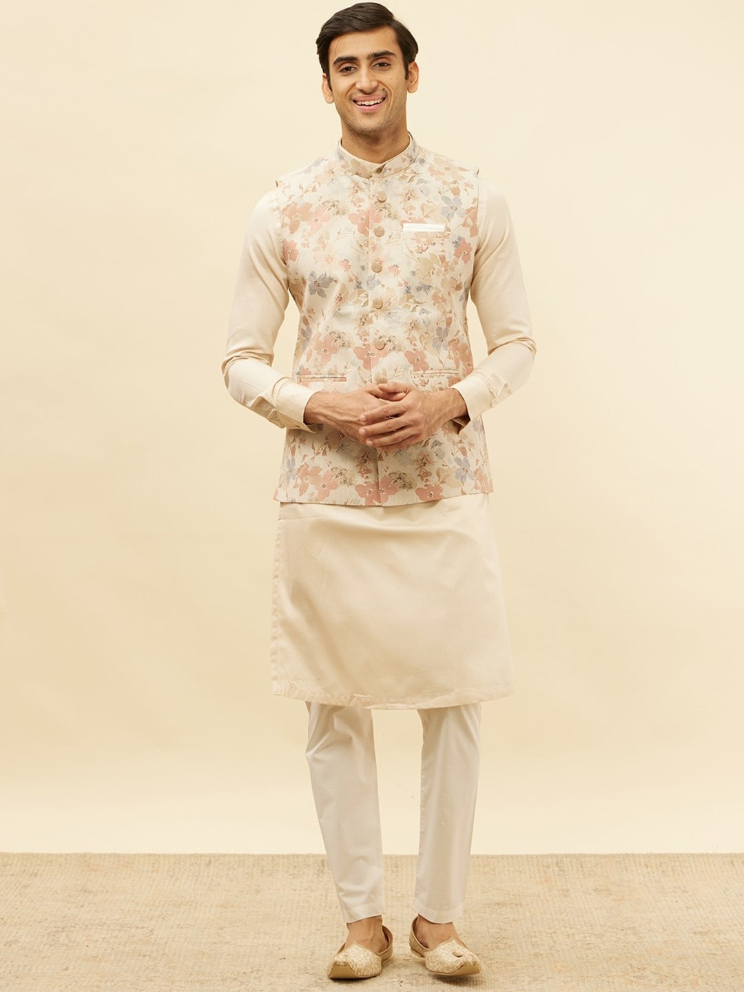 

Manyavar Printed Mandarin Collar Nehru Jacket, Beige