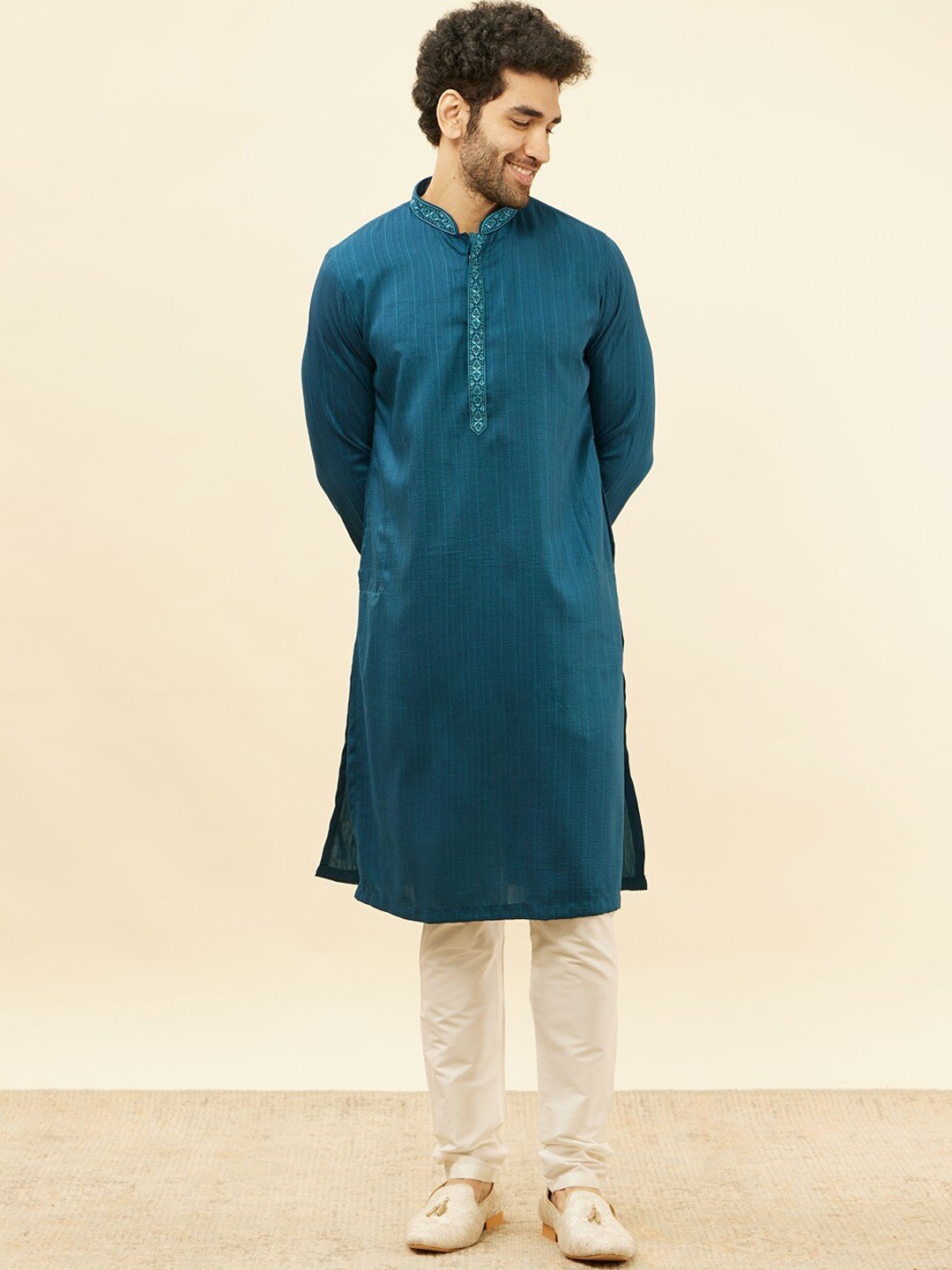 

Manyavar Striped jacquard Regular Kurta with Pyjamas, Blue