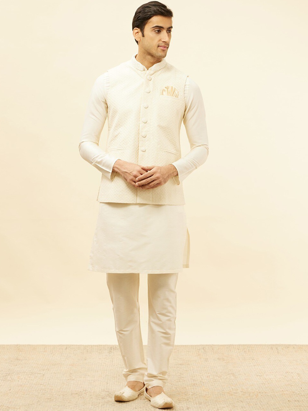 

Manyavar Woven Design Mandarin Collar Nehru Jacket, Cream