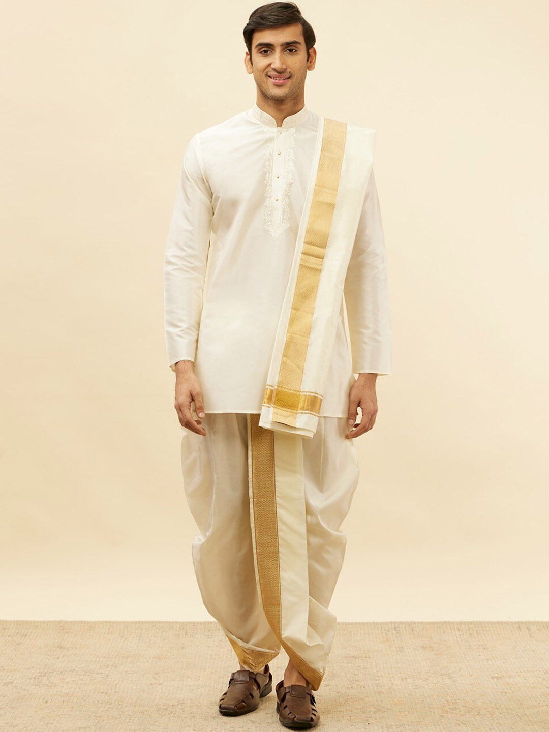 

Manyavar Mandarin Collar Regular Pure Silk Kurta With Dhoti Pants & Dupatta, Cream