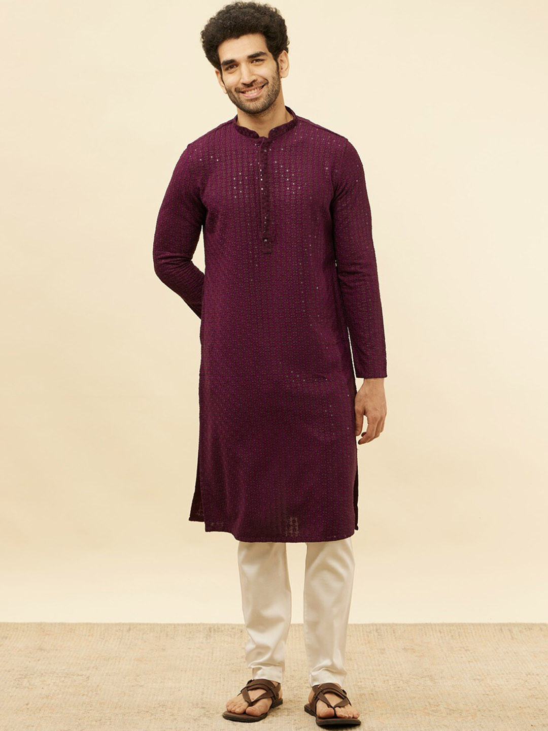 

Manyavar Ethnic Motifs Embroidered Sequined Chikankari Regular Kurta with Pyjamas, Purple
