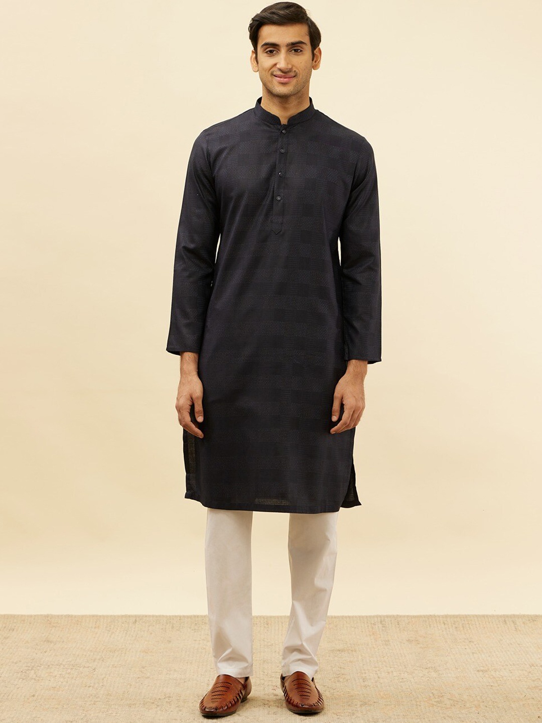 

Manyavar Self Design Regular Pure Cotton Kurta with Pyjamas, Blue