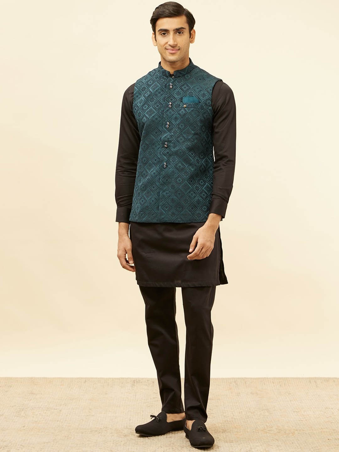 

Manyavar Woven Design Mandarin Collar Brocade Nehru Jacket, Blue