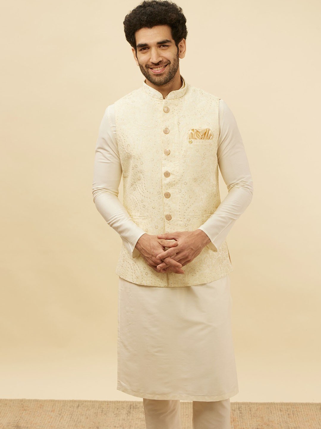 

Manyavar Woven Design Mandarin Collar Nehru Jacket, Cream