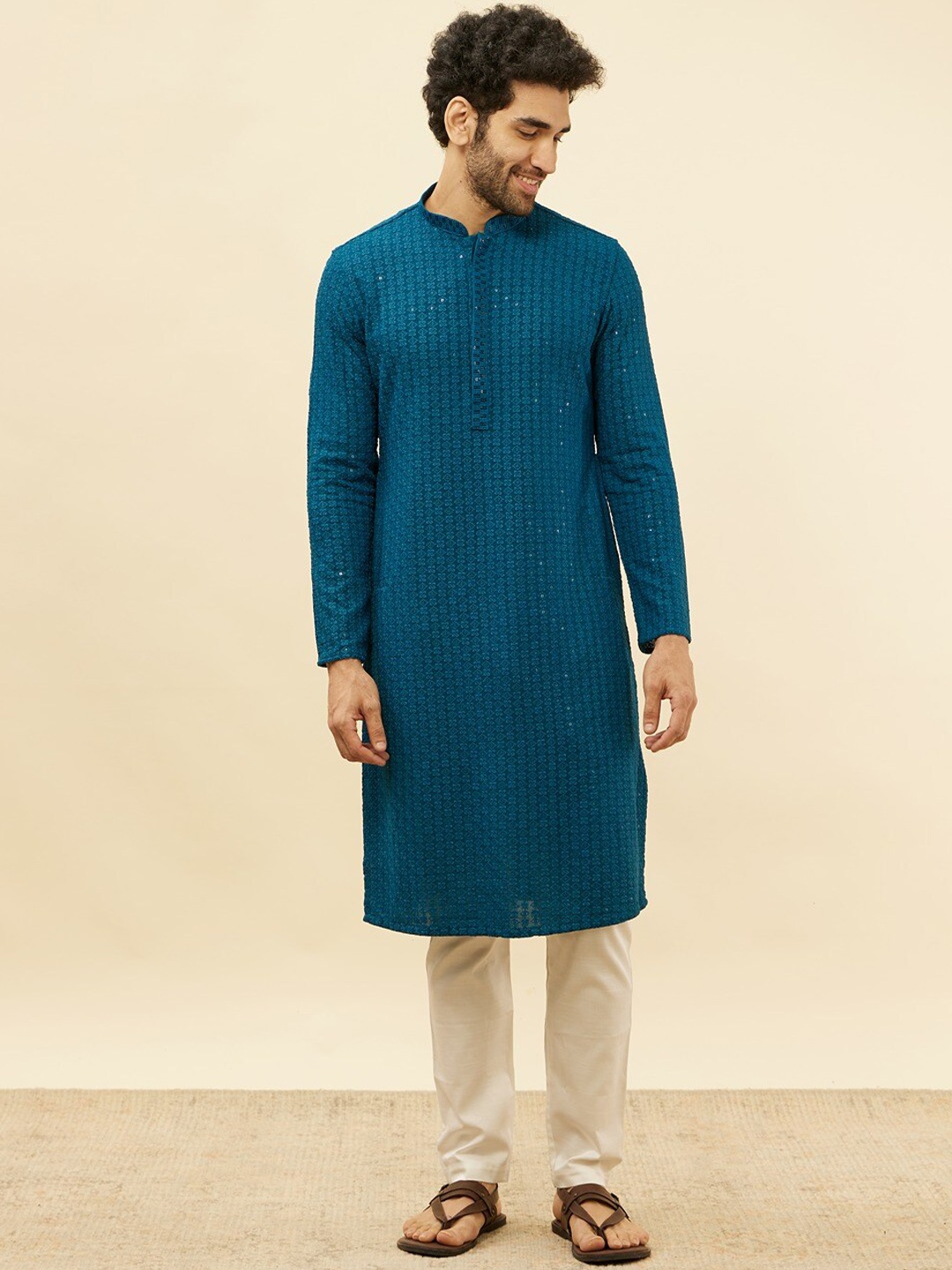 

Manyavar Ethnic Motifs Embroidered Chikankari Regular Kurta with Pyjamas, Blue