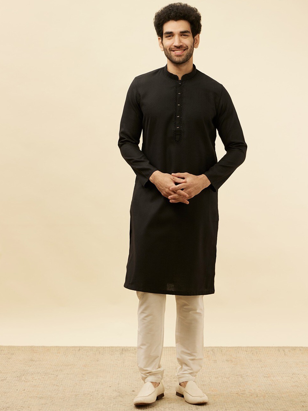 

Manyavar Mandarin Collar Regular Kurta with Pyjamas, Black
