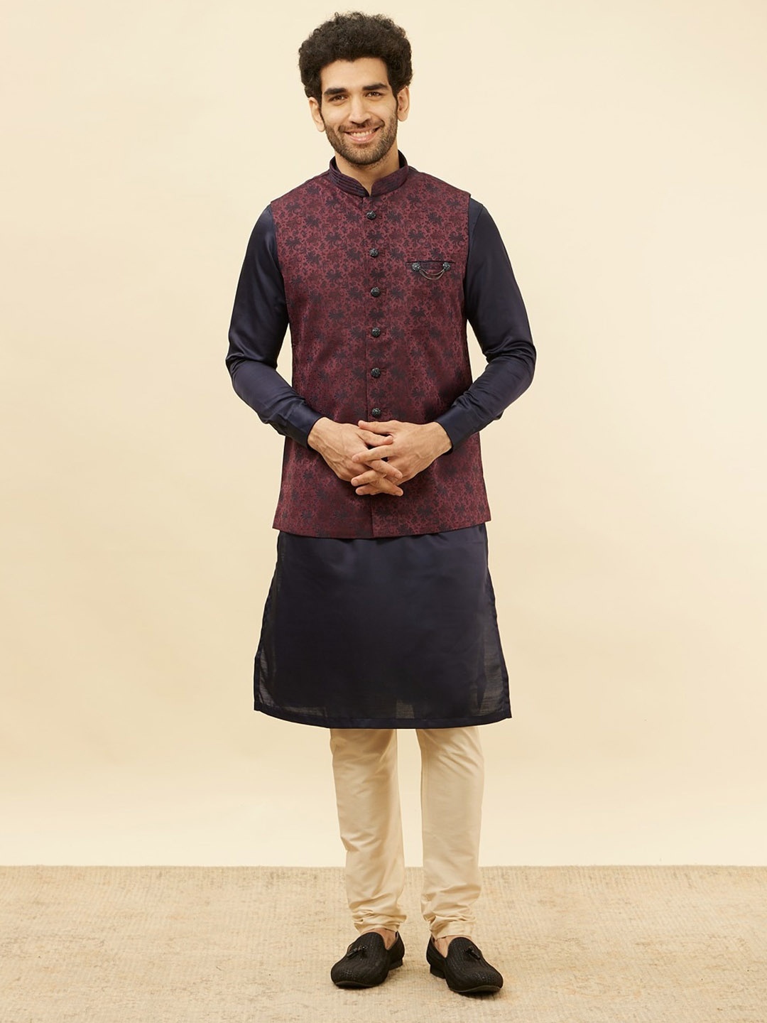 

Manyavar Woven Design Mandarin Collar Brocade Nehru Jacket, Purple