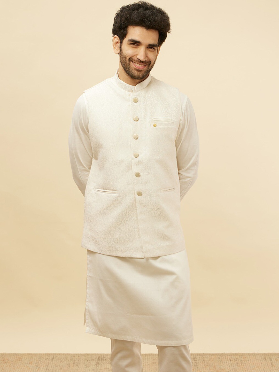 

Manyavar Woven Design Mandarin Collar Brocade Nehru Jacket, Off white