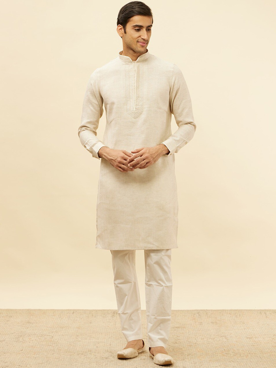 

Manyavar Mandarin Collar Thread Work Regular Linen Kurta, Beige