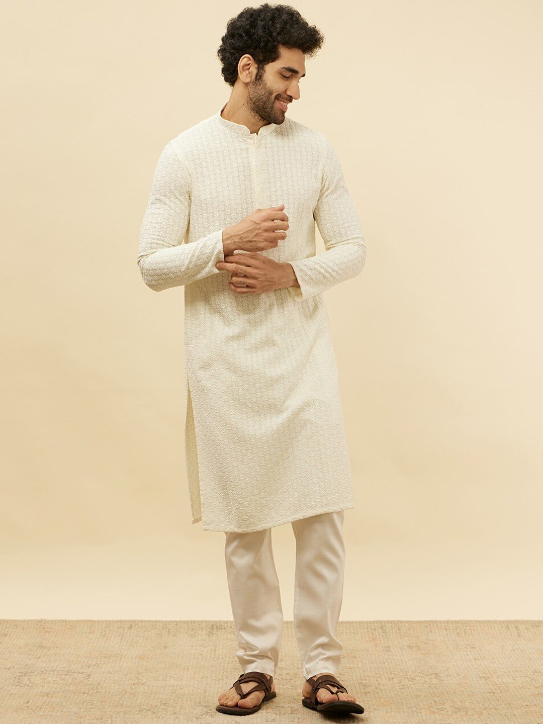 

Manyavar Ethnic Motifs Embroidered Chikankari Regular Kurta with Pyjamas, Cream