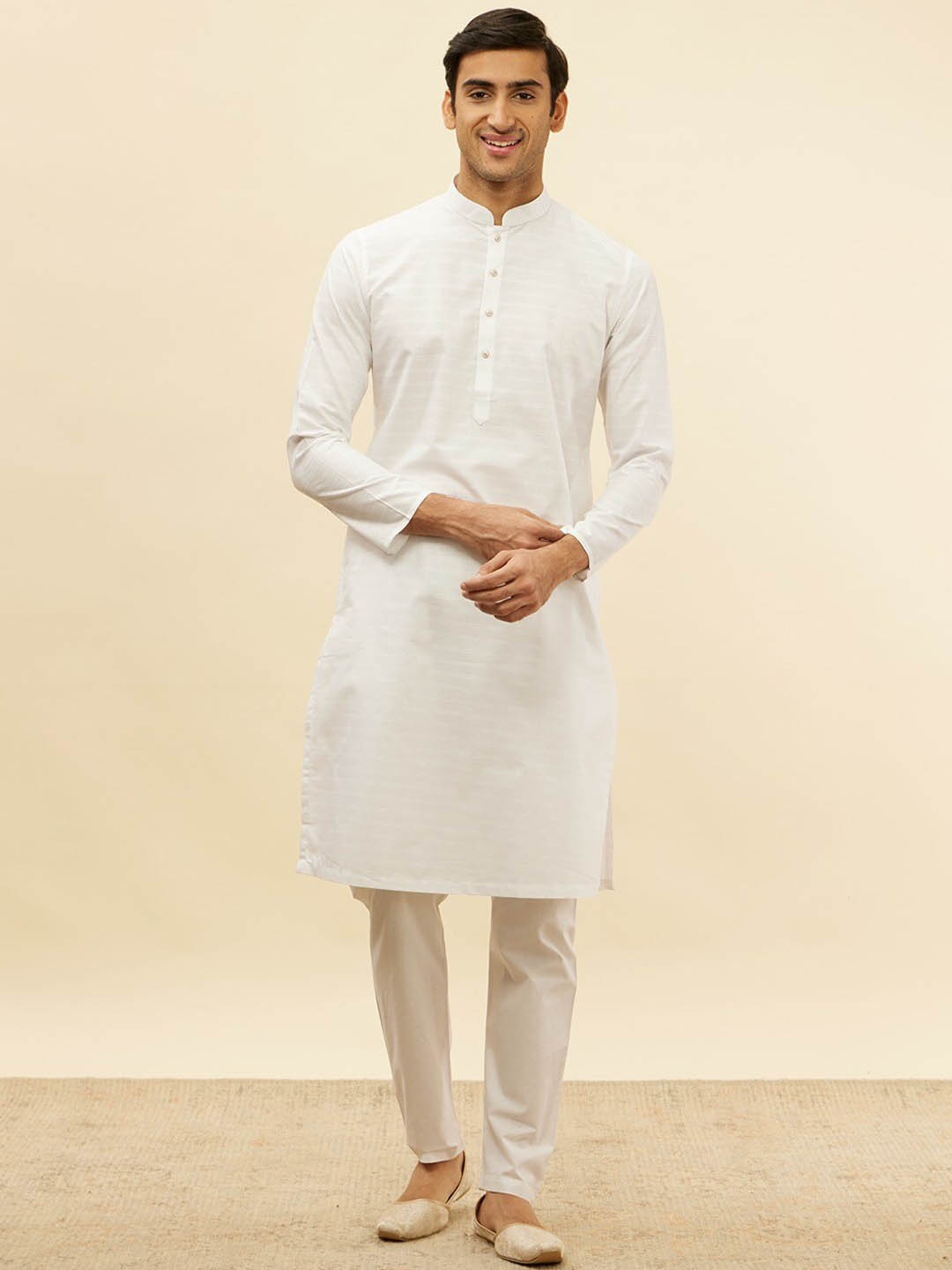 

Manyavar Striped Regular Kurta with Pyjamas, White