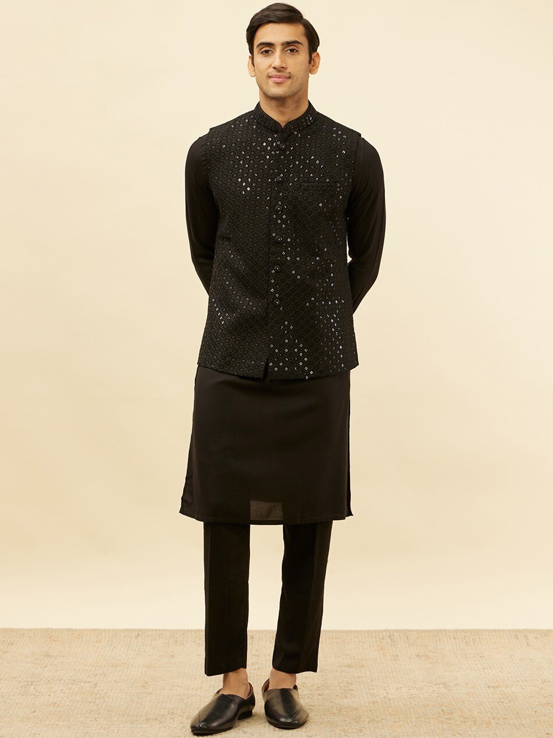 

Manyavar Regular Kurta and Trousers With Nehru Jacket, Black