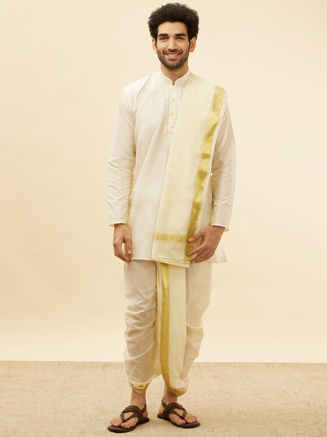 

Manyavar Mandarin Collar Zari Straight Kurta & Dhoti Pants With Dupatta, Cream