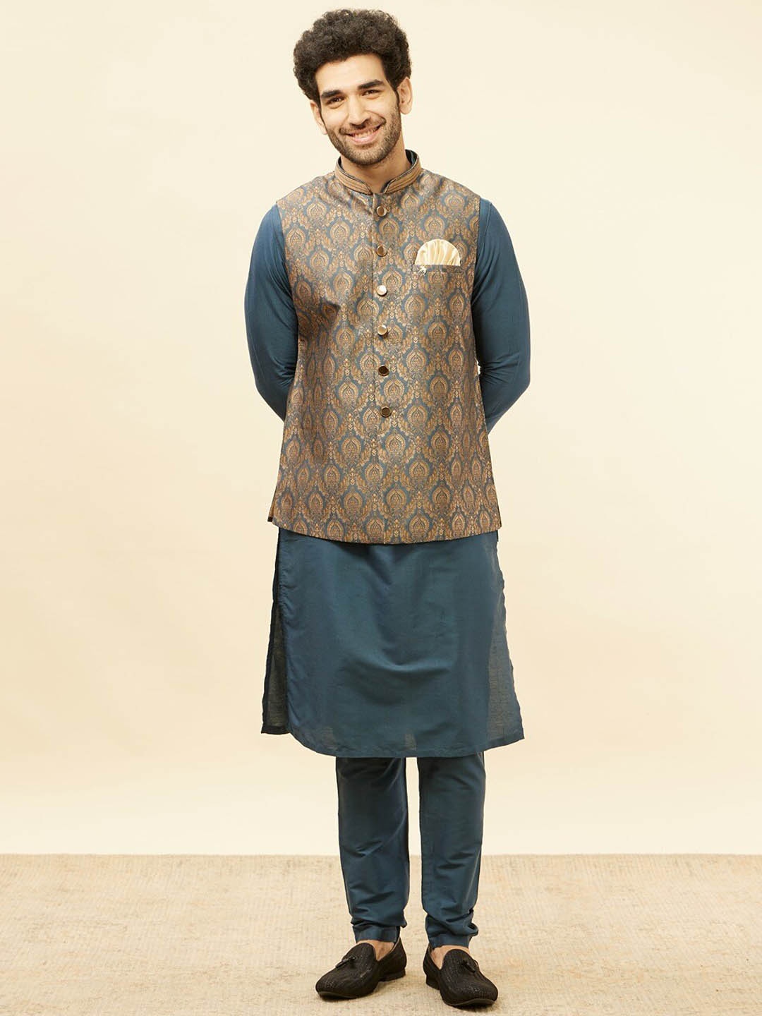 

Manyavar Ethnic Motifs Woven Design Brocade Jacquard Nehru Jacket, Grey