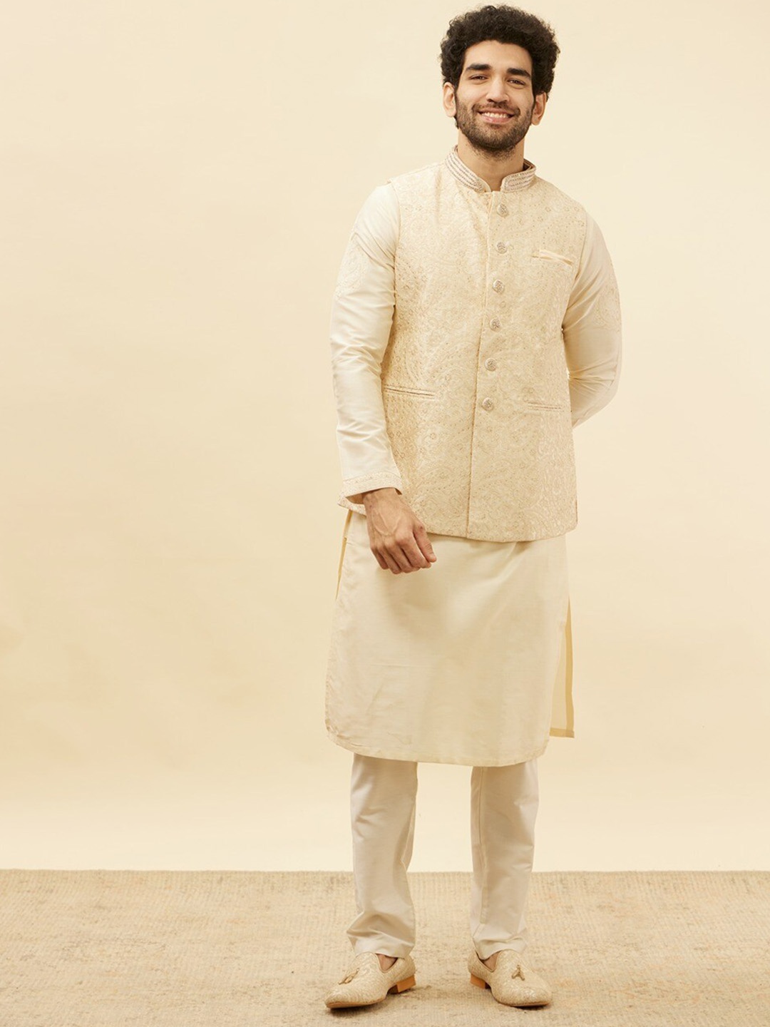 

Manyavar Regular Kurta and Churidar With Nehru Jacket, Beige