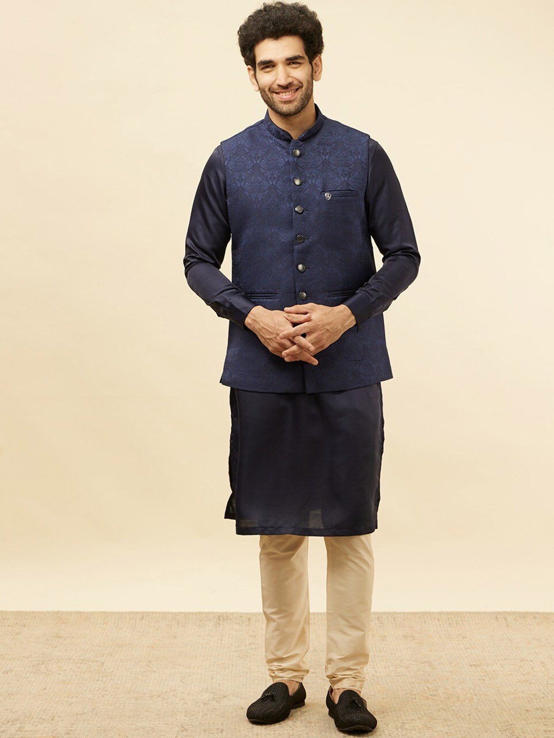 

Manyavar Ethnic Motifs Self Design Brocade Nehru Jacket, Blue