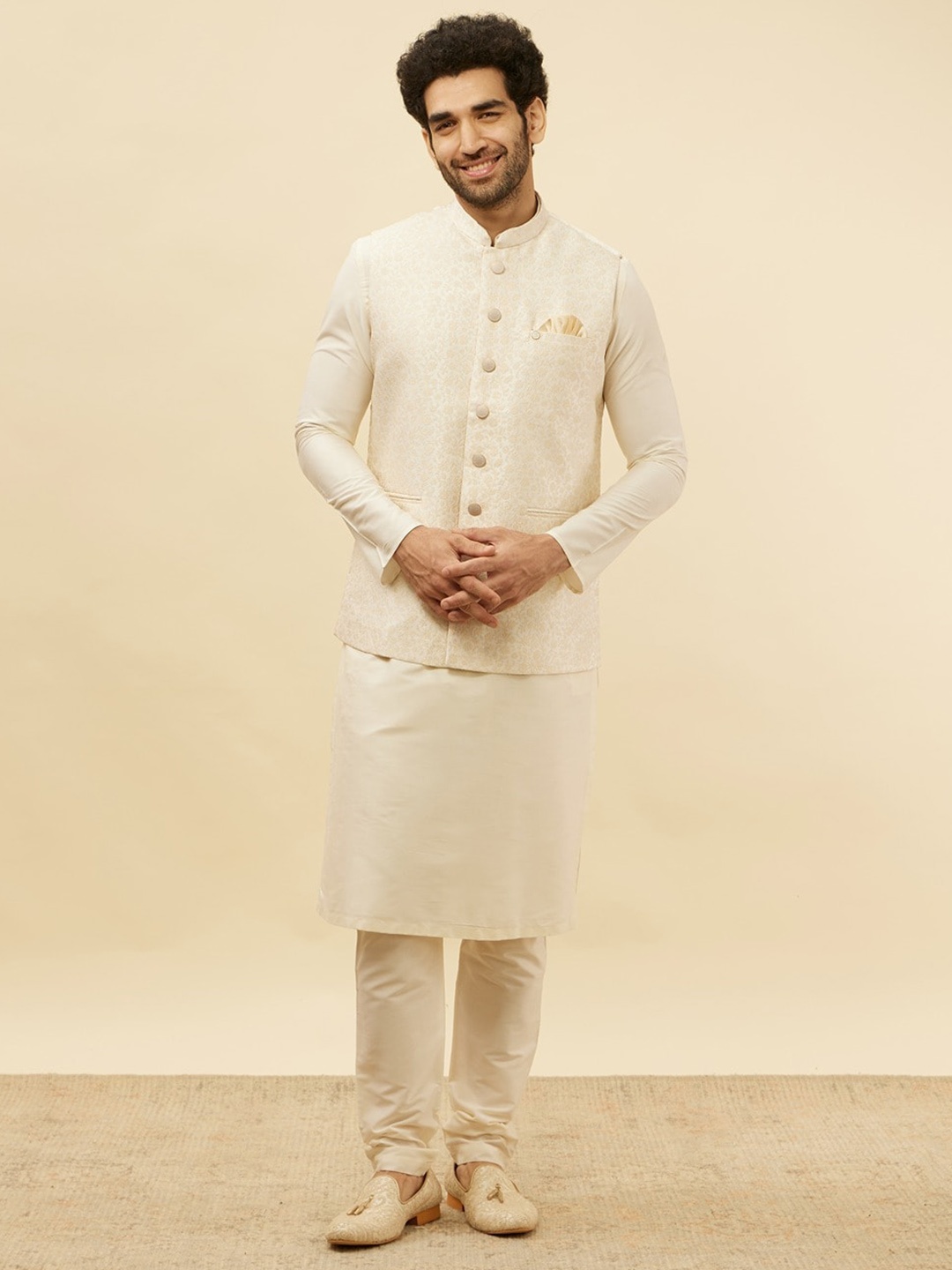 

Manyavar Self Design Jacquard Nehru Jackets, Cream