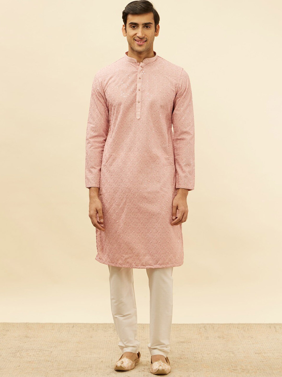 

Manyavar Ethnic Embroidered Chikankari Sequined Georgette Regular Kurta with Pyjamas, Pink