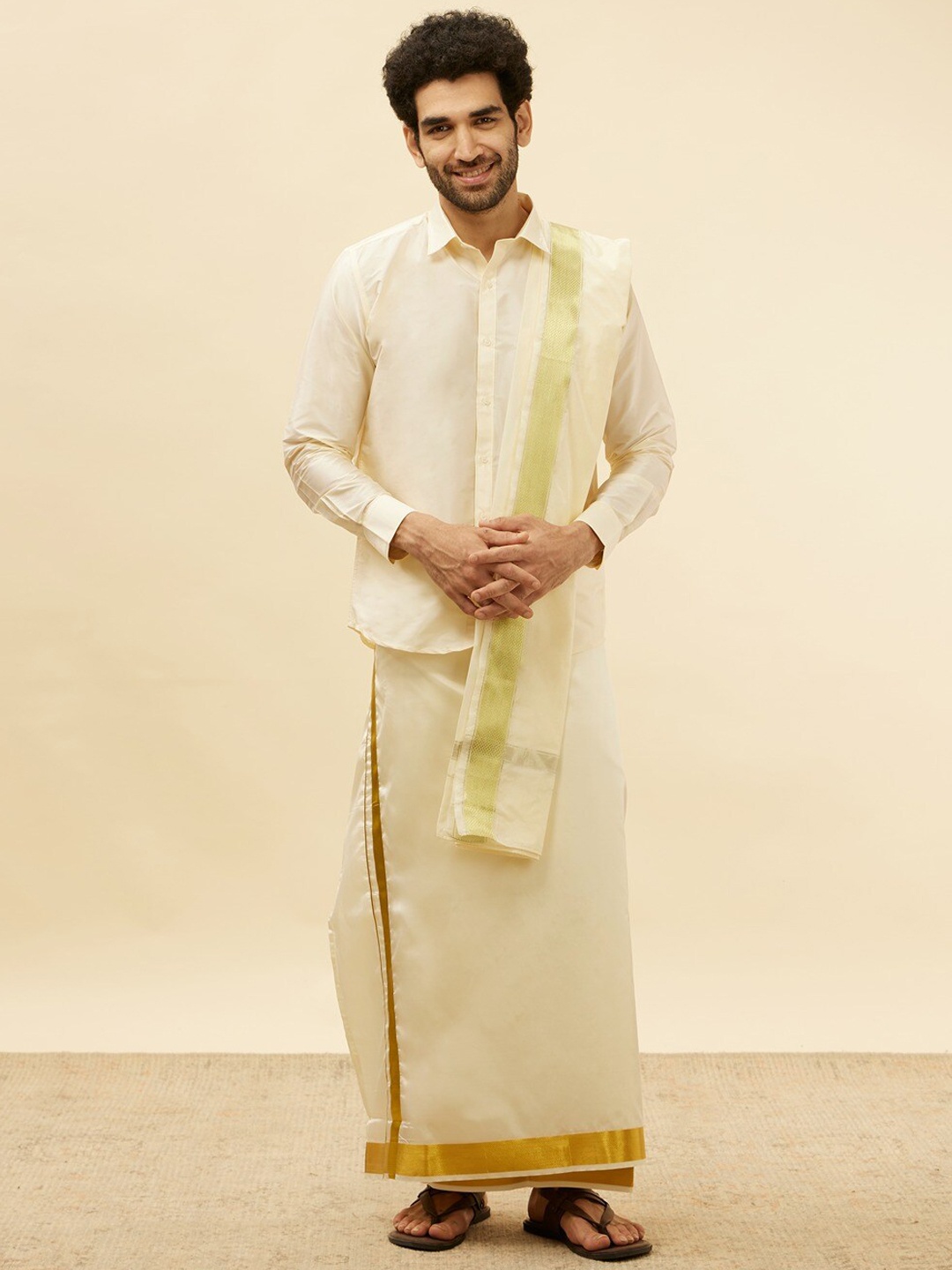 

Manyavar Long Sleeves Zari Art Silk Shirt With Veshti & Angavastram, Cream