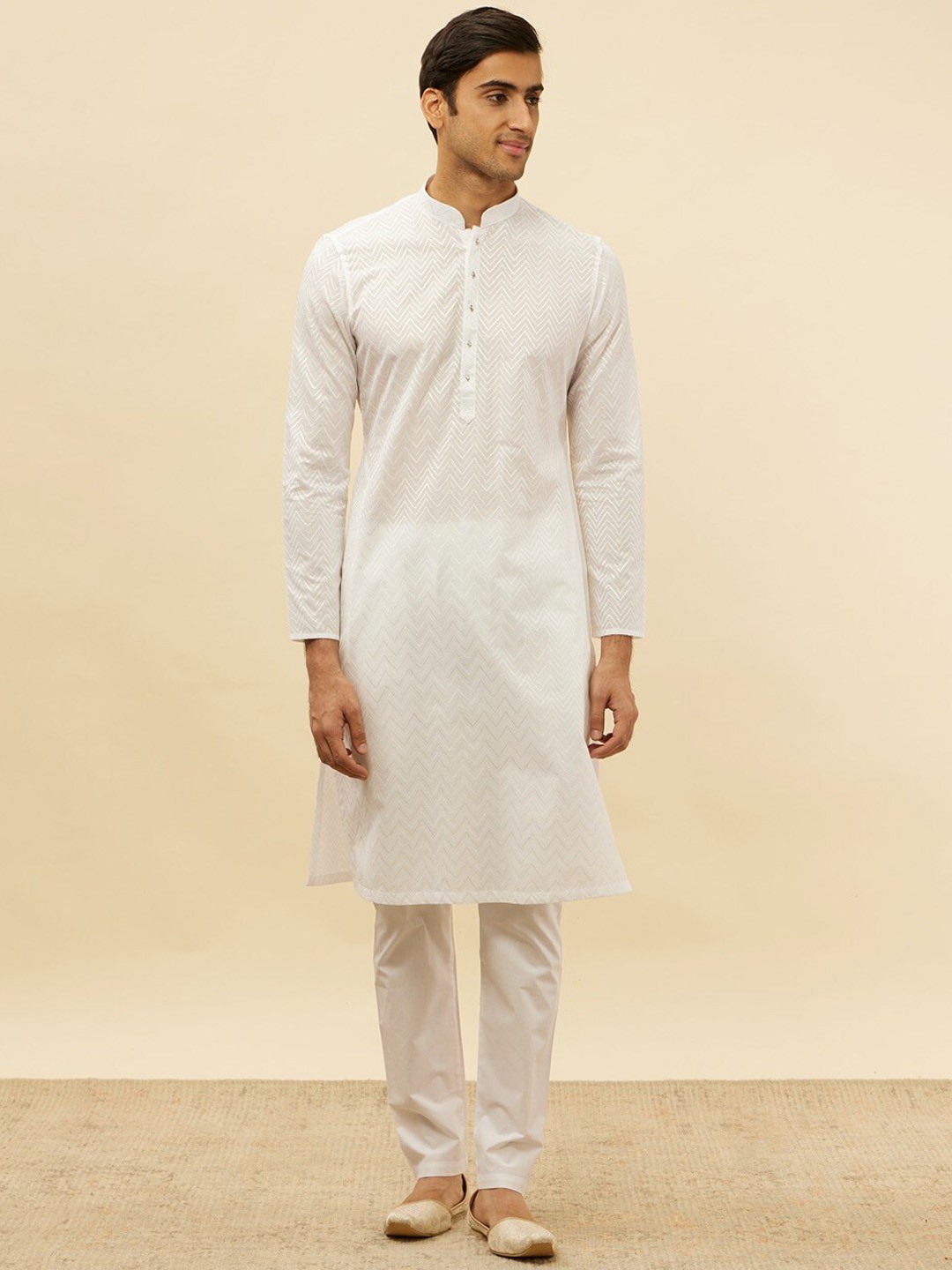 

Manyavar Chevron Self Design Regular Pure Cotton Kurta with Pyjamas, White