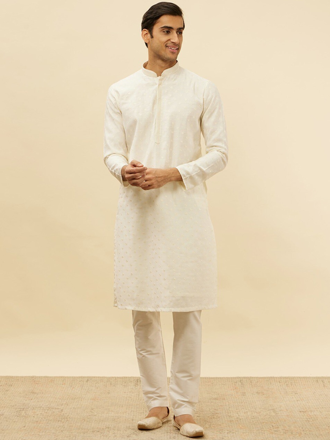 

Manyavar Self Design Sequined Regular Kurta with Pyjamas, Cream