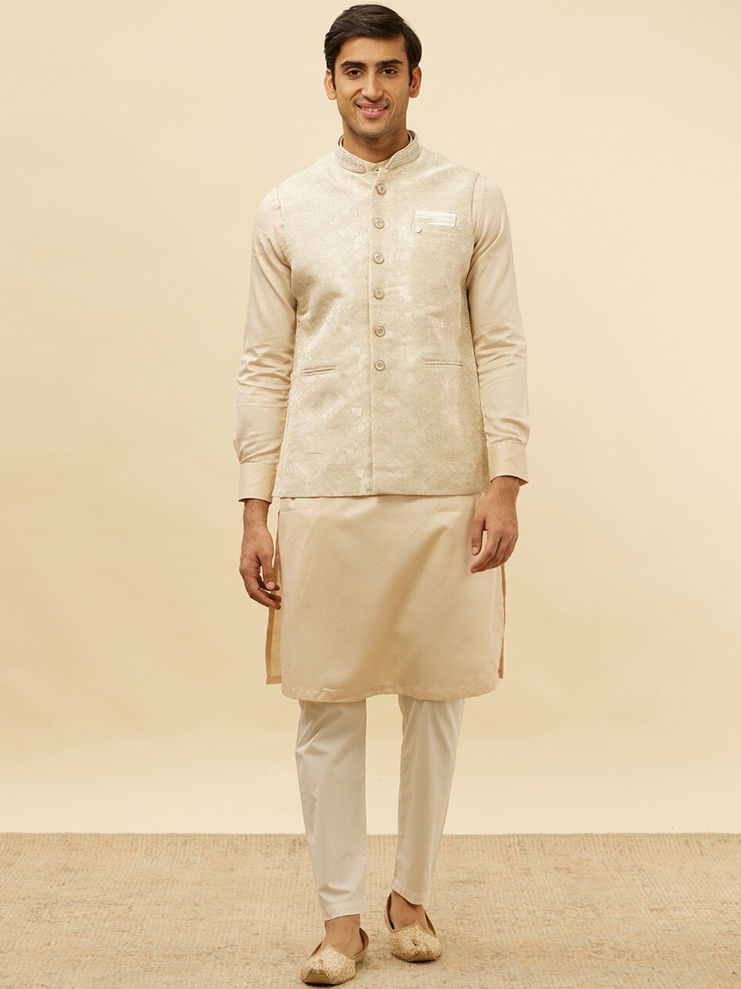 

Manyavar Woven Design Jacquard Brocade Nehru Jacket, Cream
