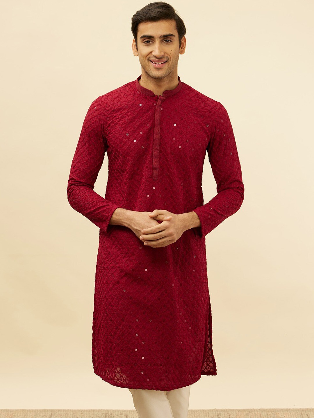 

Manyavar Ethnic Motifs Embroidered Sequined Chikankari Regular Kurta with Pyjamas, Maroon
