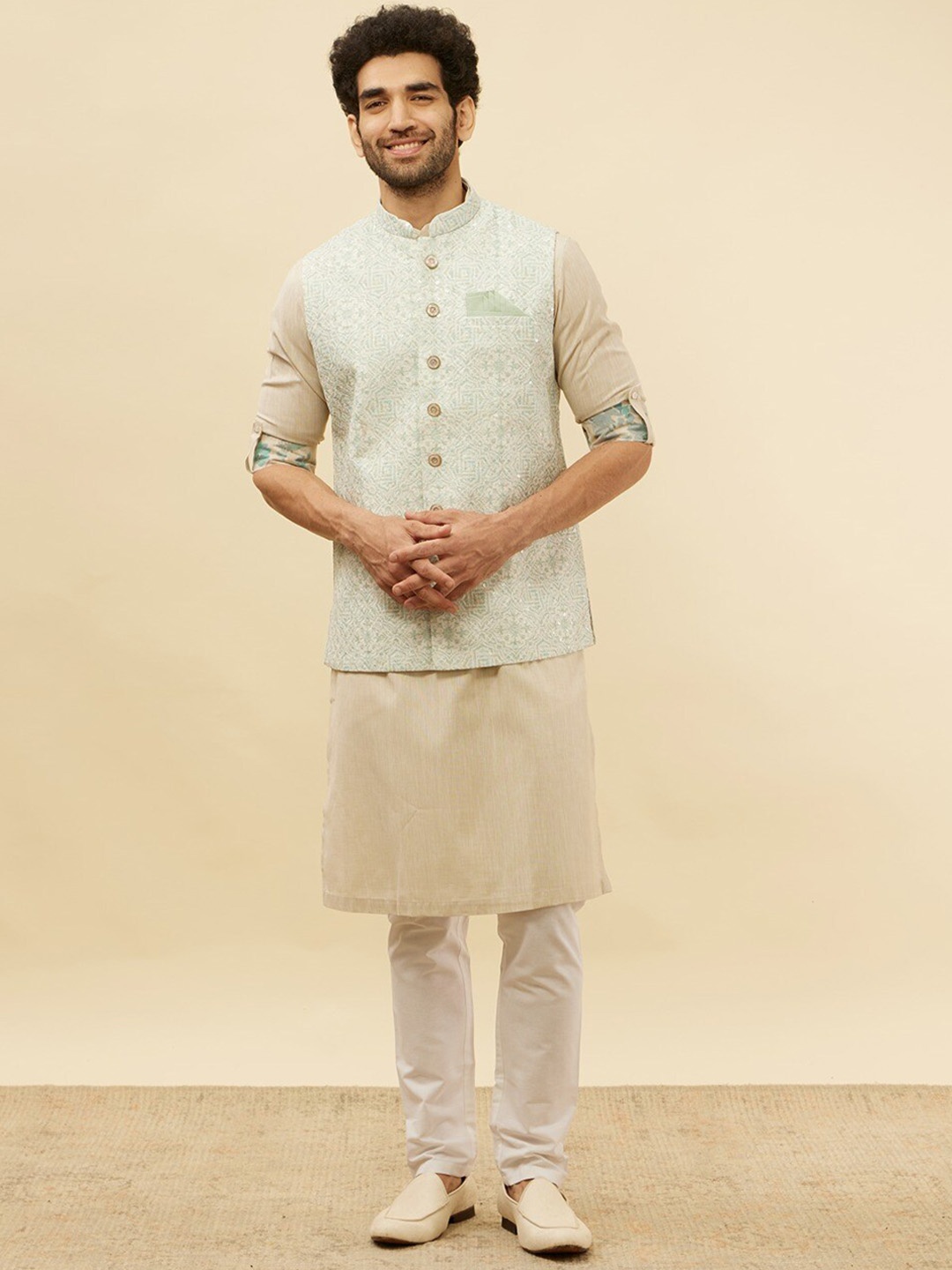 

Manyavar Ethnic Motifs Printed Sequined Nehru Jackets, Off white