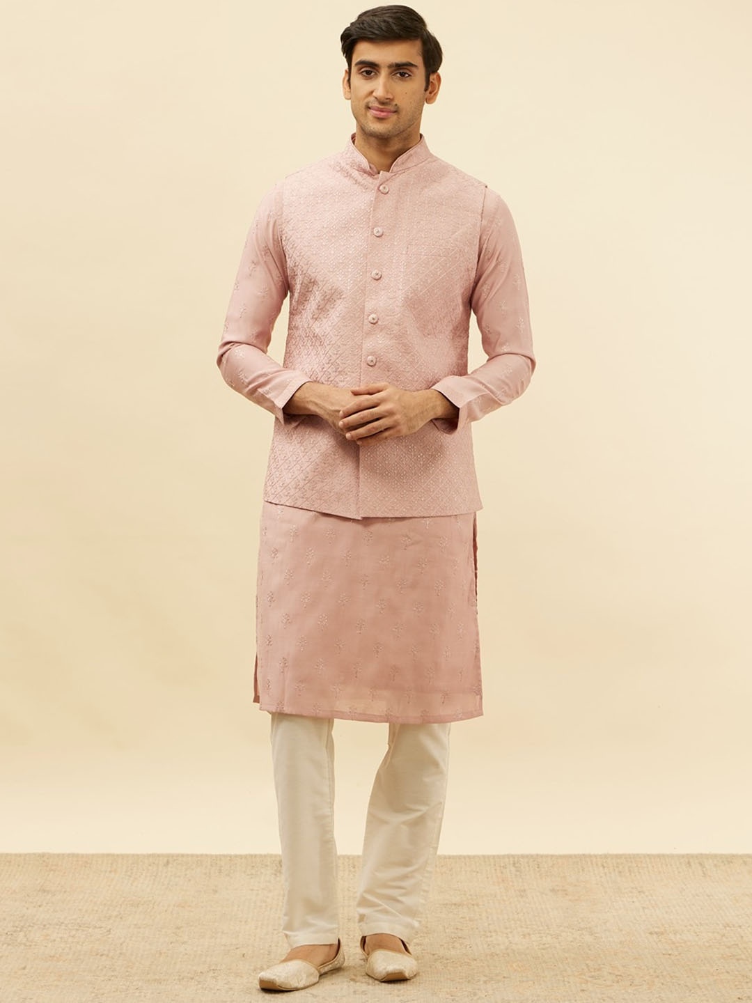 

Manyavar Self Design Regular Kurta and Trousers With Nehru Jacket, Pink