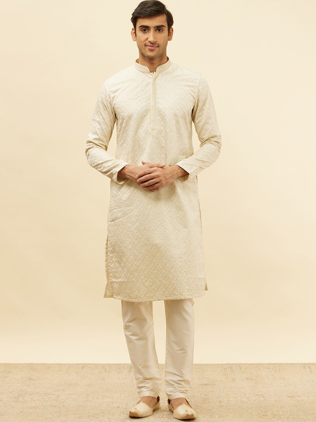 

Manyavar Self Design Satin Regular Kurta with Pyjamas, Beige