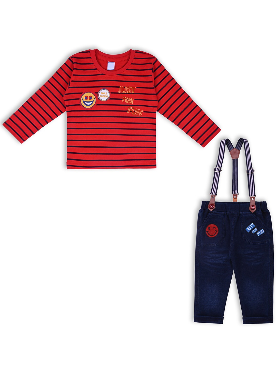 

Wish Karo Boys Cotton Dungaree With Striped T-shirt, Red