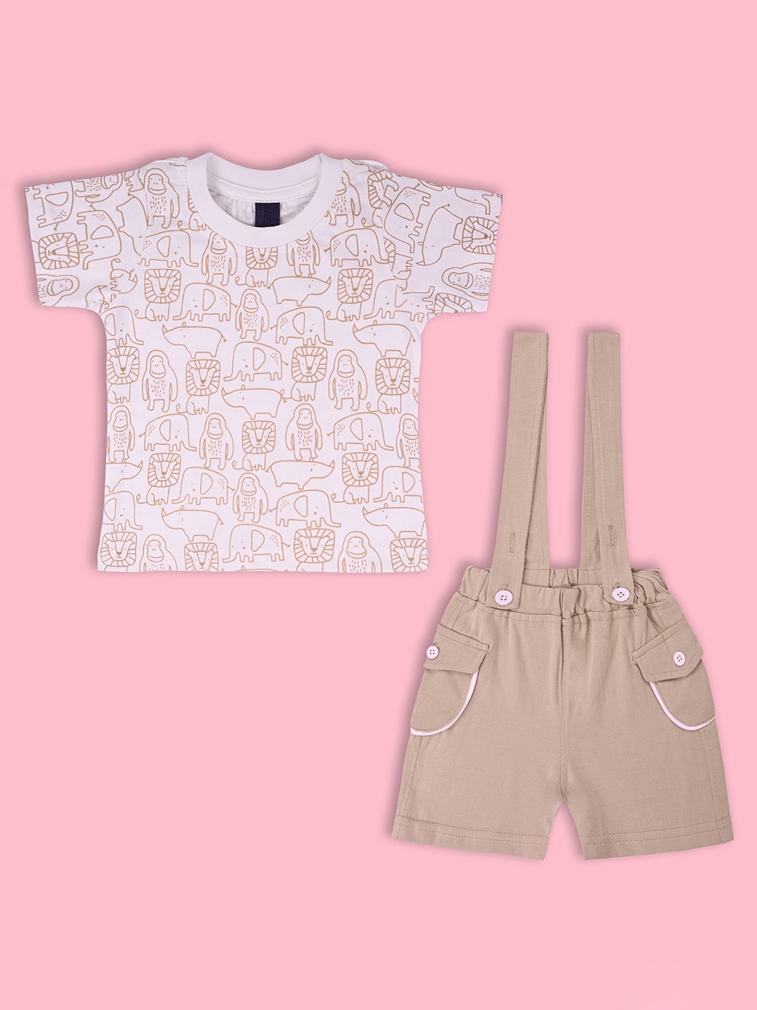 

Wish Karo Kids Boys Cotton Dungaree With Printed T-shirt, Beige