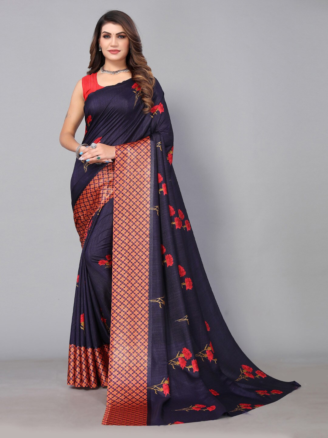 

KALINI Floral Poly Georgette Saree, Navy blue