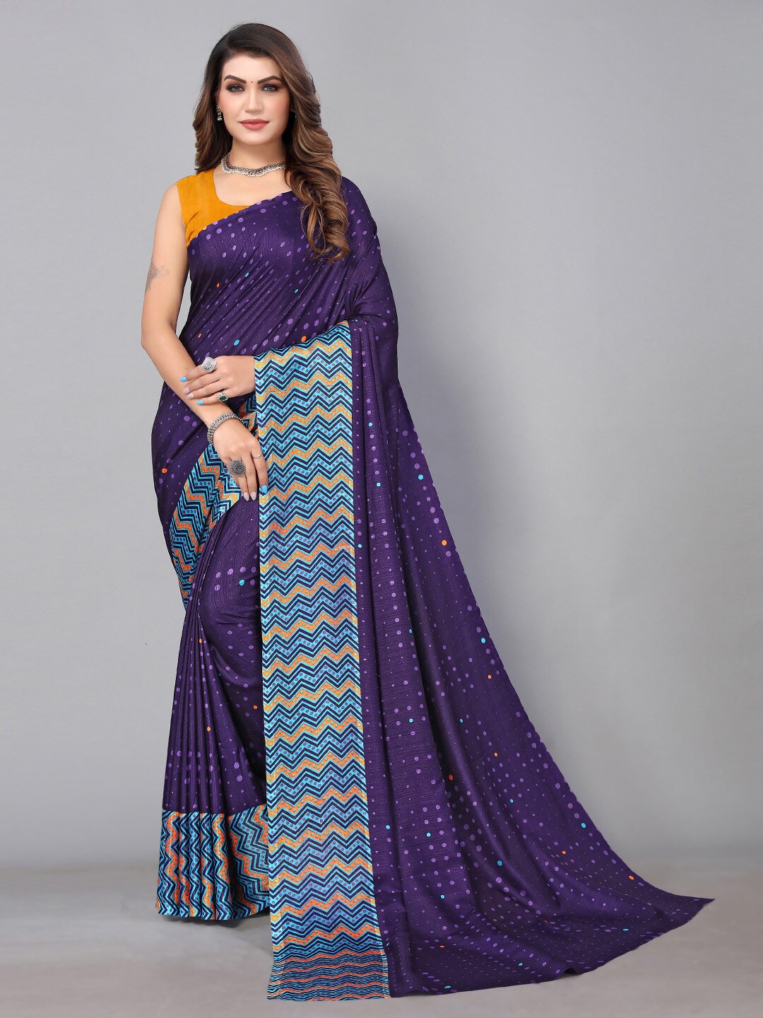 

KALINI Polka Dot Printed Georgette Saree, Purple