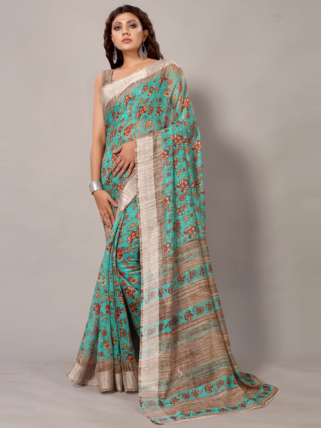 

KALINI Floral Printed Saree With Blouse Pieces, Sea green