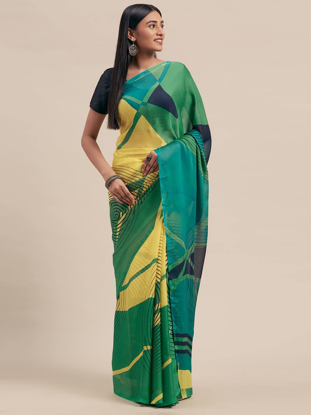 

KALINI Geometric Printed Saree, Green