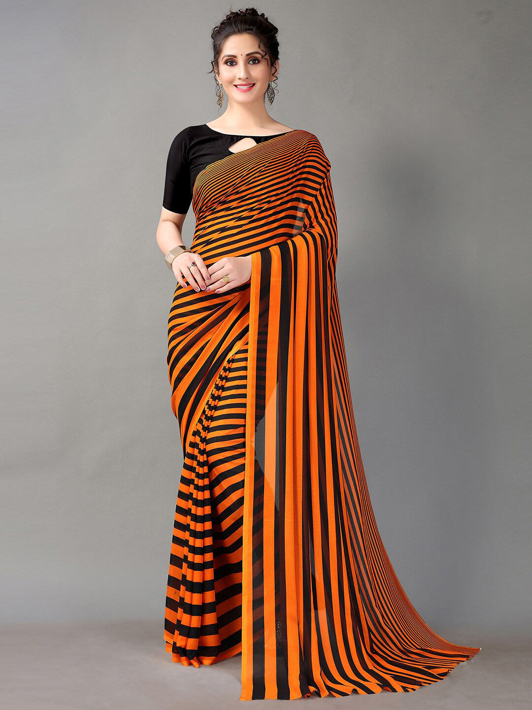 

KALINI Striped Georgette Saree, Orange