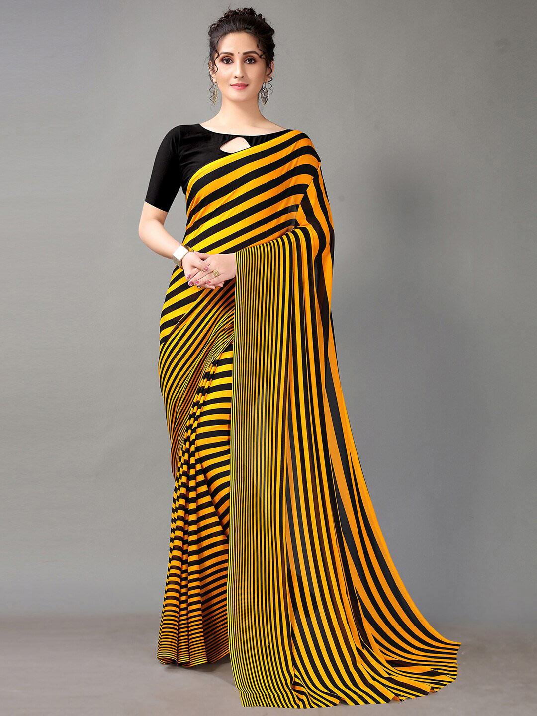 

KALINI Yellow & Black Striped Georgette Saree with Blouse Piece