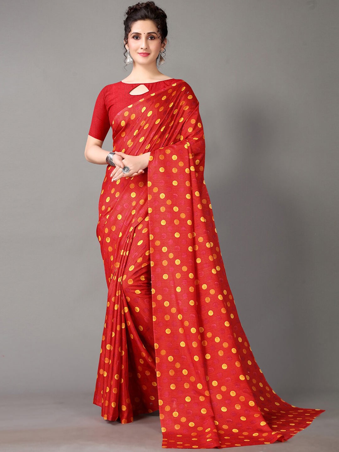 

KALINI Polka Dot Printed Saree, Red