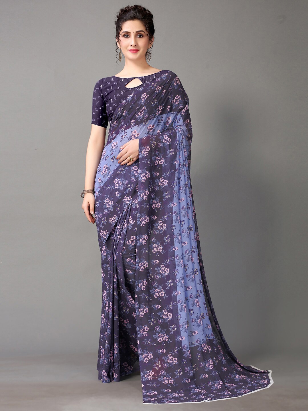 

KALINI Floral Poly Georgette Saree, Navy blue