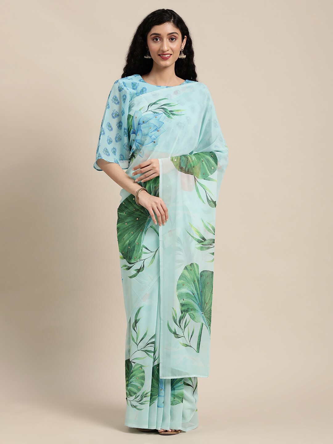 

KALINI Floral Printed Sequinned Pure Georgette Saree, Sea green