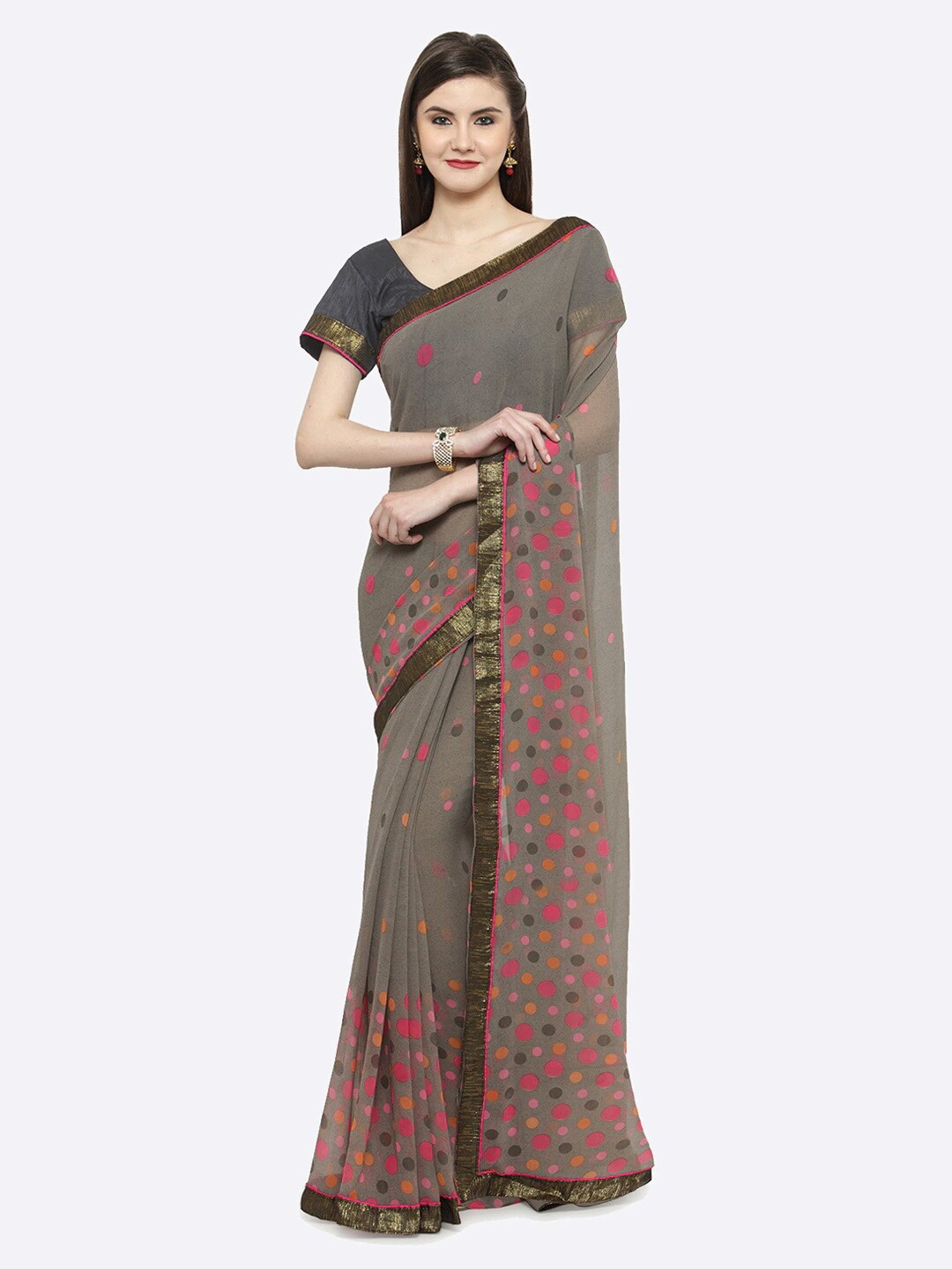 

KALINI Printed Zari Border Pure Georgette Saree, Grey