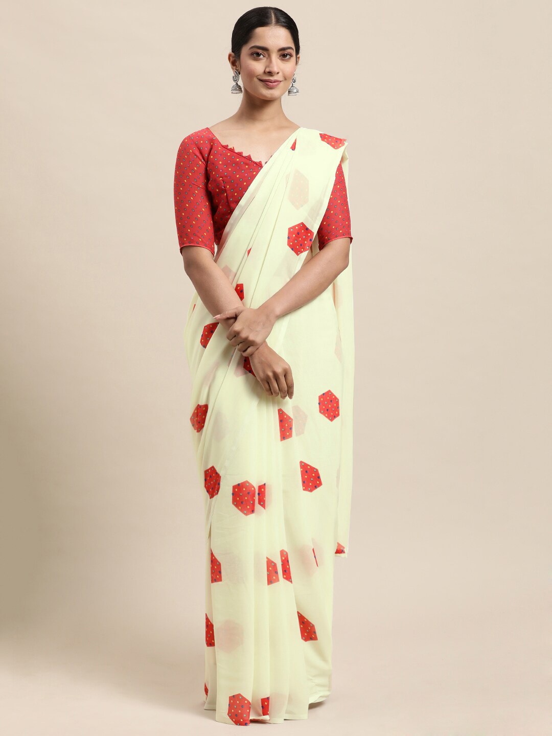

KALINI Geometric Printed Saree, Cream