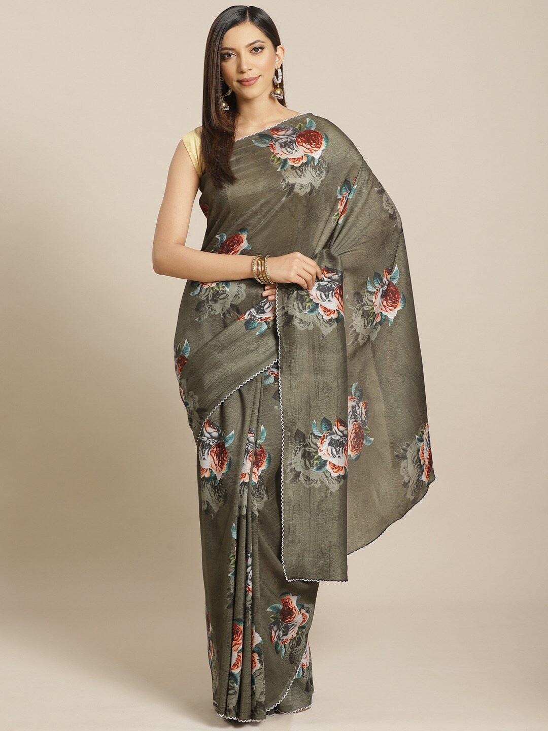 

KALINI Floral Printed Art Silk Saree, Olive