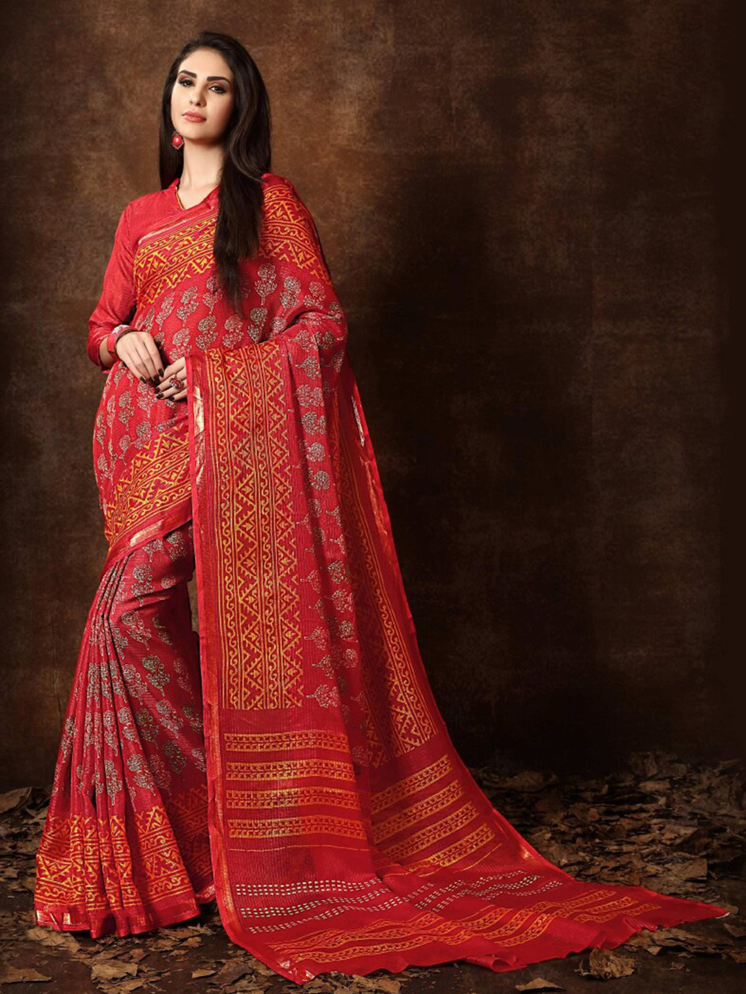 

KALINI Ethnic Motifs Printed Zari Saree, Red