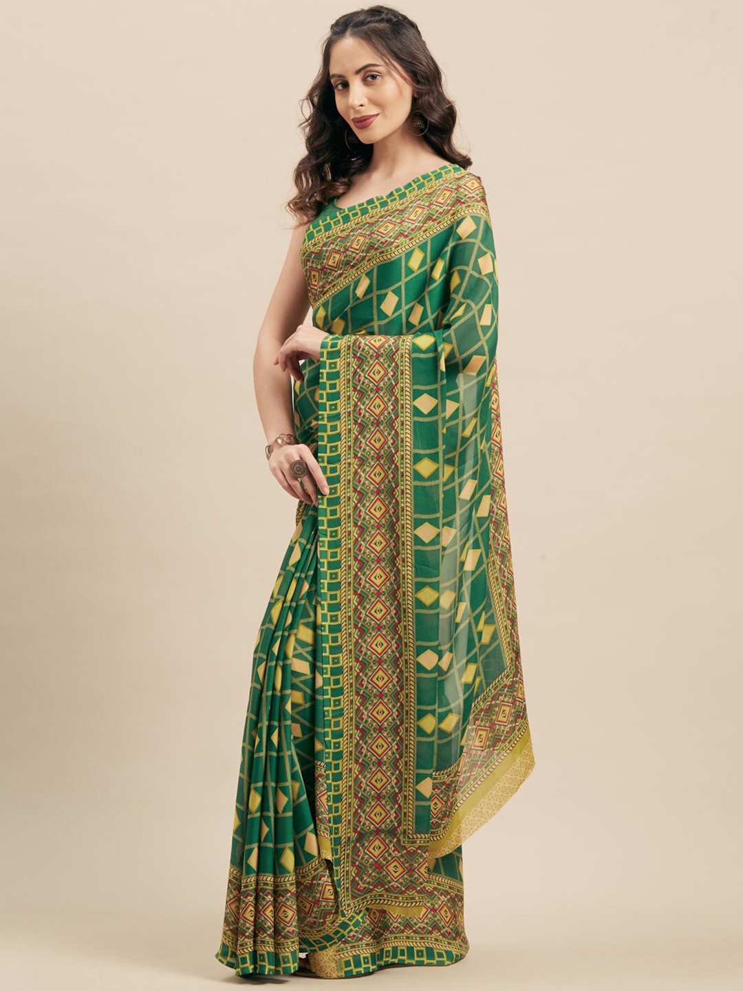 

KALINI Geometric Printed Saree, Green