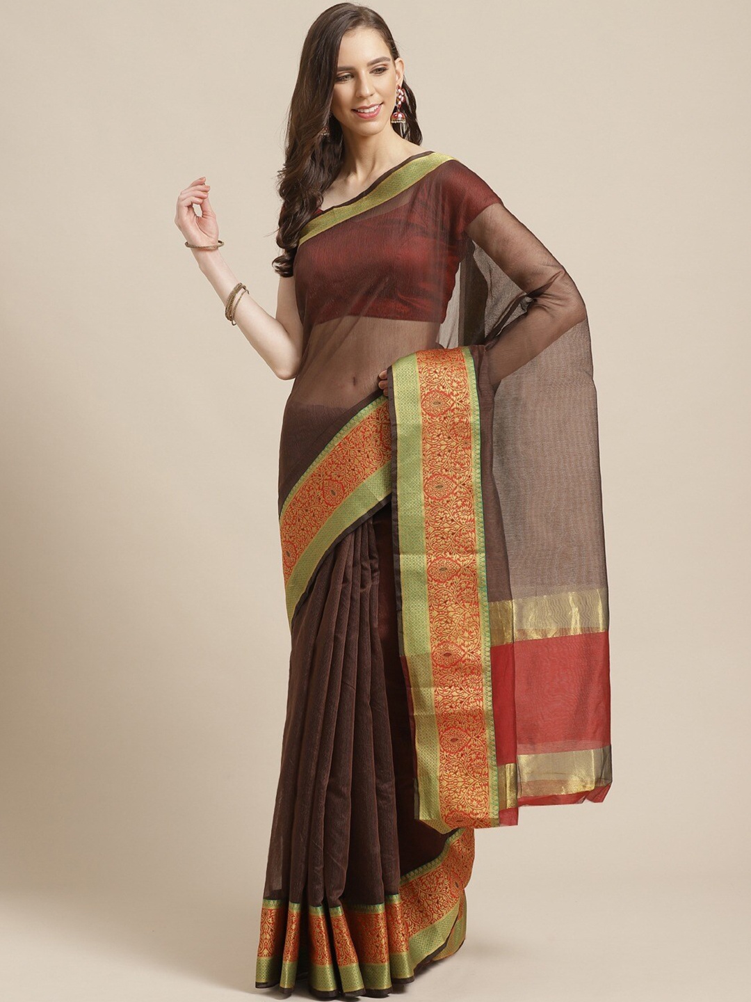 

KALINI Woven Zari Lace Border Saree, Brown
