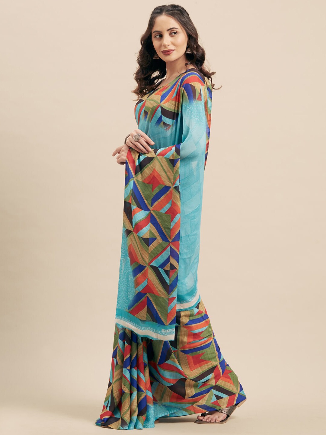 

KALINI Geometric Printed Poly Georgette Saree, Blue
